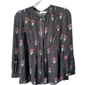 A.L.C 100% Silk Dark Floral Long Sleeves Blouse with Tassels in Black Size 0